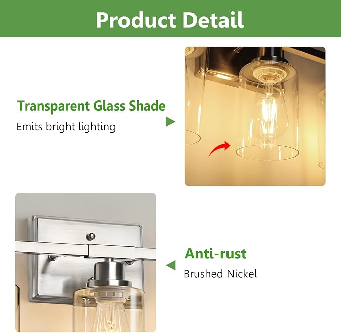 Ascher 5-Light Bathroom Light Fixtures, Modern Brushed Nickel Vanity Lights Over Mirror, Wall Lights with Clear Glass Shades for Hallway, Cabinet, Porch, Bedroom