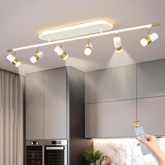 Jaycomey 6-Light LED Track Lighting Fixtures Ceiling, 60W Dimmable Track Light with Remote, 3000K-6500K Adjustable Ceiling Spotlights, 51in White Gold Ceiling Light Fixture for Kitchen Living Room