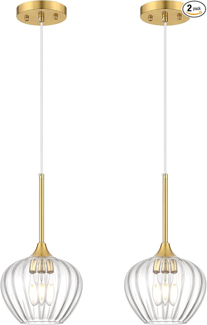 2-Pack Glass Pendant Lights Kitchen Island, 7.7" Modern Gold Pendant Lighting Adjustable Hanging Light Fixtures for Kitchen, Dining Room, Bathroom, Bedroom