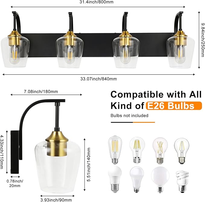 Black Bathroom Light Fixtures - 4-Light Vanity Light with Clear Glass Shades, 33.07'' Industrial Gold Wall Lights for Bedroom Hallway Living Room Kitchen