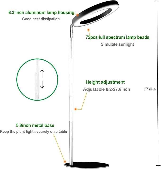 Yadoker 72 LEDs Full Spectrum Plant Grow Light for Indoor Plants，Height Adjustable, 6.3" Aluminum Housing,Automatic Timer with 8/12/16 Hours,10-Level Brightness,Ideal for Small and Medium Plant Grow
