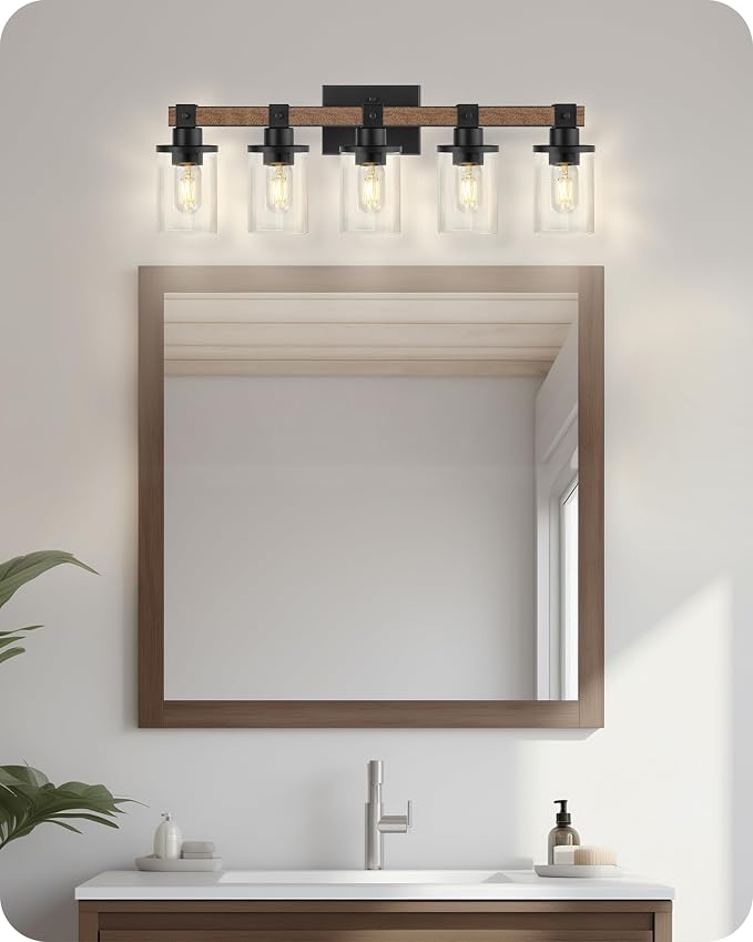 5-Light Bathroom Light Fixture, Farmhouse Vanity Lights for Bathroom with Glass Shade, Rustic Bathroom Light Fixtures, E26 Base F10BD05W1