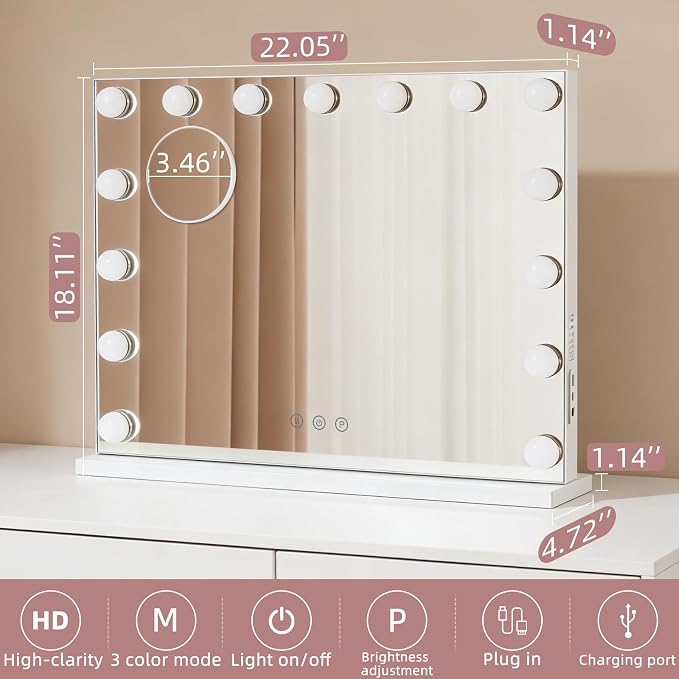 Hollywood Vanity Mirror with Lights, 22.1"x18.1" Hollywood Mirror with 10X Magnification, 15 Dimmable LED Bulbs & 3 Color Lighting Modes Desk Wall-Mounted Makeup Vanity Mirror