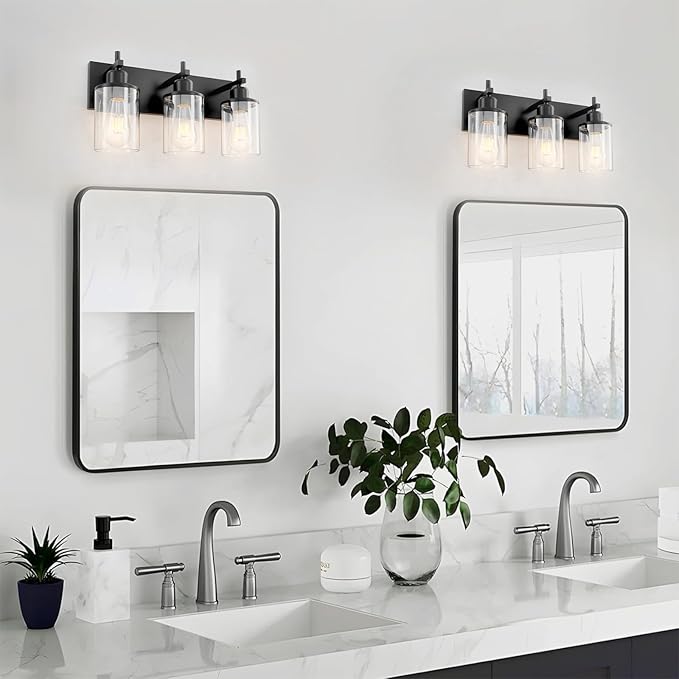 3-Light Black Bathroom Light Fixture Over Mirror Modern Farmhouse Bathroom Vanity Light Vintage Wall Lighting with Clear Glass Shade for Bathroom, Bedroom, Hallway, Cabinet