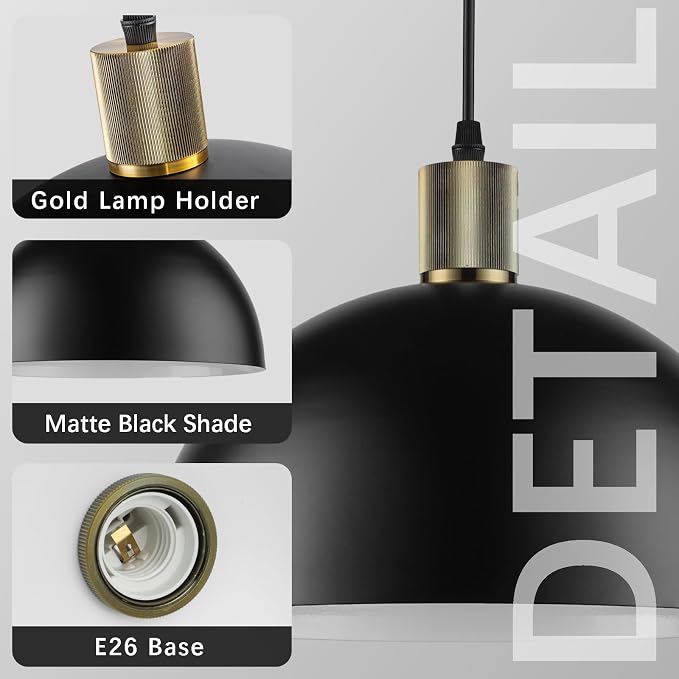 Black Pendant Lights Kitchen Island 3 Pack, 11.8" Modern Black and Gold Pendant Light Fixtures Dome Farmhouse Hanging Lights for Sink Dining Room Hallway Entryway