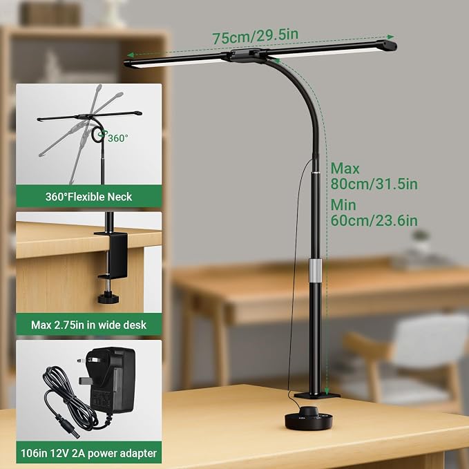 LED Desk Lamp with Clamp, 23.5-31.5 Inches, Black | 24W, 75 Lighting Modes, Flexible Neck Design, Telescopic Height, For Home Office Study Work Craft Paint