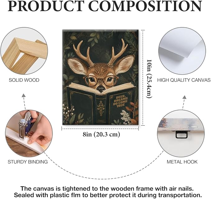 NSFBESSLIA Funny Reading Deer Painting, Whimsical Forest Animal Decor, Deer Dreams Do Come True, Cottagecore Wall Art for Living Room Bedroom Entryway, 8x10 Inch