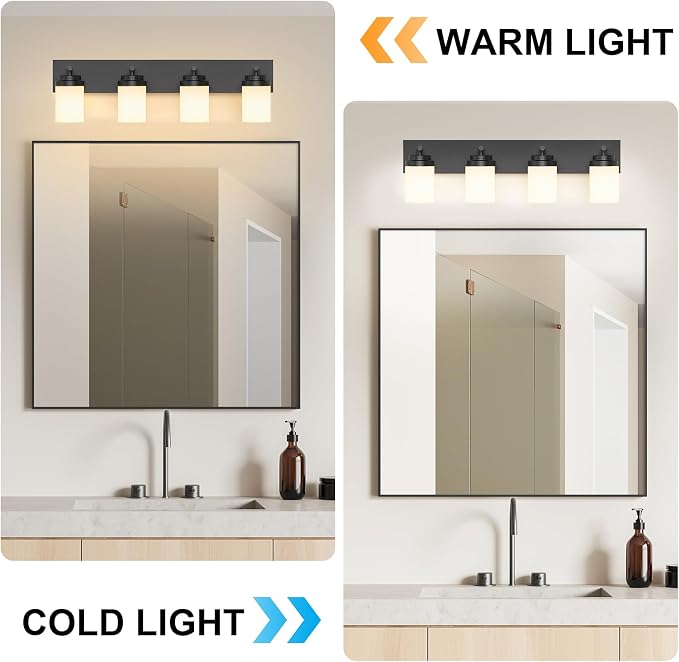 IZORRO Bathroom Vanity Light Fixture, 4-Light 30 Inch Matte Black Bathroom Light Fixtures Over Mirror, with White Glass Shade, Modern Farmhouse Vanity Lights, Rustic Restroom Lighting Fixtures