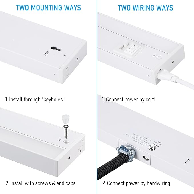 TORCHSTAR 22 Inch LED Under Cabinet Lighting 5CCT, ETL T24, 14W 1050LM, Hardwired & Plug-in, 5 Color Selectable CRI90 120V, Dimmable Under Counter Lights for Kitchen, White Aluminum Housing, 4 Pack