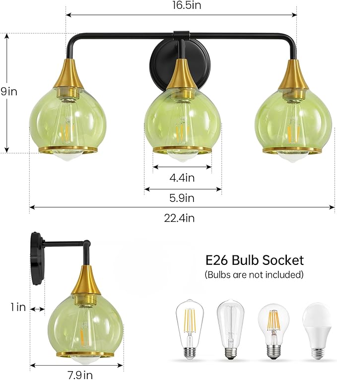 Black and Gold Bathroom Vanity Light 3-Lights Bathroom Light Fixtures Over Mirror with Green Clear Glass Shade 22.4 inch Wall Sconce Lighting Bath(Exclude E26 Bulb)