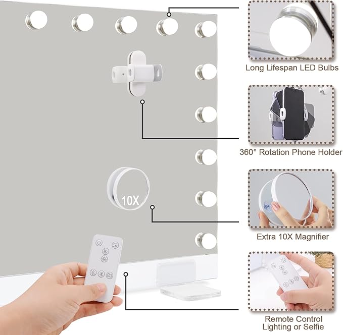 Hansong 32x23'' Large Vanity Mirror with Bluetooth Selfie Control, Ultra Thin Hollywood Mirror with 18 Bulbs, Makeup Mirror with 3 Color Lights and Phone Holder, Tabletop Mirror or Wall Mount