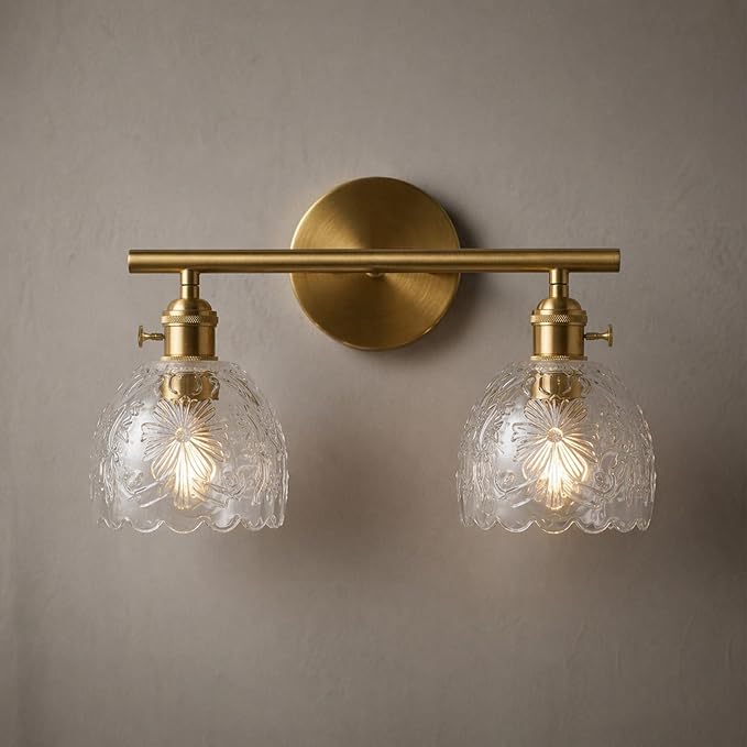 Hamilyeah 2-Light Bathroom Vanity Light Over Mirror, Brushed Gold Wall Sconce with Clear Floral Glass Shades, Modern Bathroom Light Fixture for Bedroom, Hallway, Kitchen