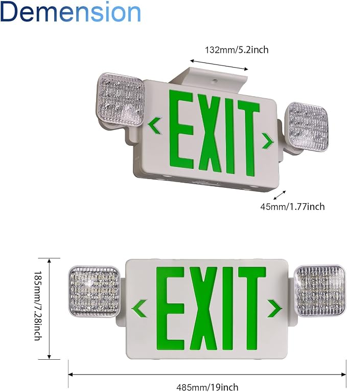 Green LED Exit Sign Emergency Light Combo, UL Listed Battery Backup | UL-listed commercial fire exit sign features 90-min battery backup, 360° rotating dual heads, and easy dual-mount setup.