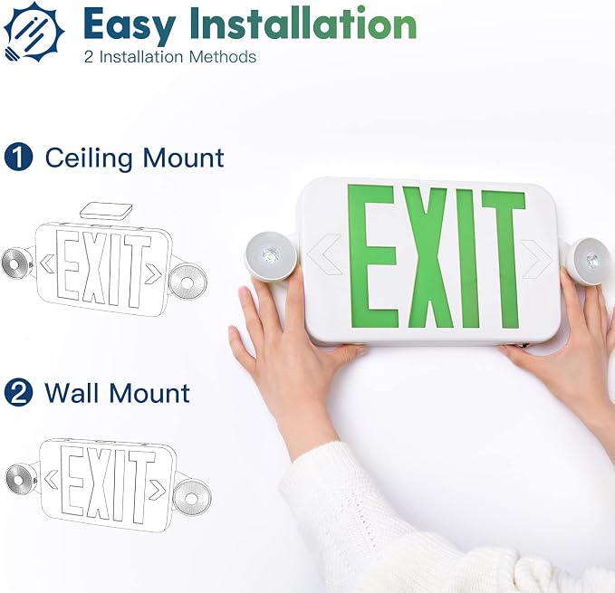 Freelicht 12 Pack Green Double-Sided LED Exit Signs with Emergency Light | UL Listed,Two Adjustable Heads,Wall & Ceiling Mount,Hard Wired,120/277V AC, 90 Min Backup,Flame Retardant,Commercial Use