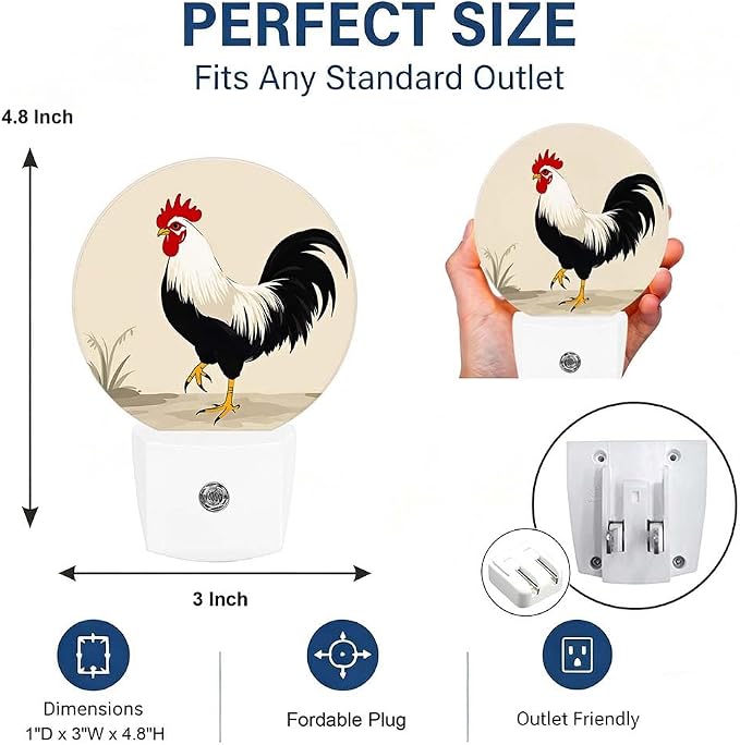 LED Night Light Rustic Rooster Night Lights Plug into Wall Auto on/off | Farm Animal Retro Plug-in Night Light with Dusk to Dawn Sensor, Energy Saving Nightlight for Hallway Kitchen Living Room