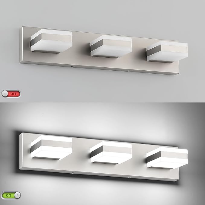 SOLFART Brushed Nickel Vanity Lights Over Mirror, 3 Light LED Bathroom Light Fixture, Vanity Light for Bathroom Modern LED Lights 6000K