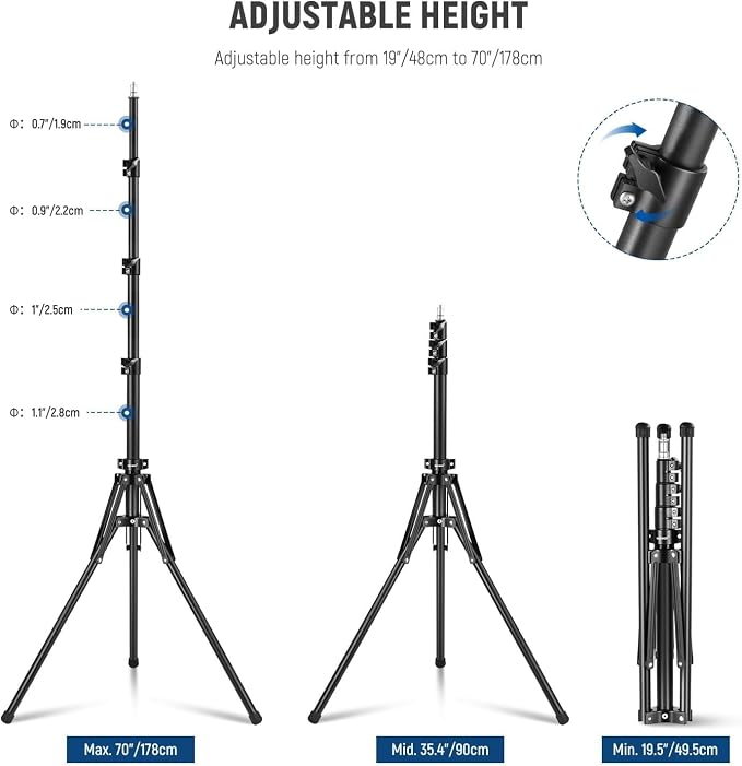 NEEWER Light Stand All Metal with 180° Reversible Legs, 70"/178cm Portable Travel Tripod Stand 1/4" Screw & 5/8" Stud for Indoor Outdoor Photography Speedlite Strobe Ring Light Softbox, ST178R, Black