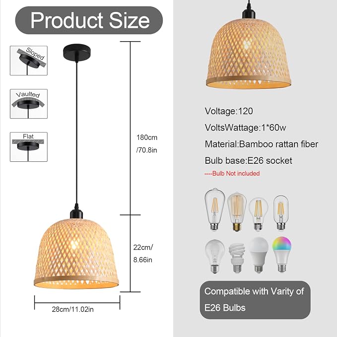 3-Pack Bamboo Pendant Light Mini Rattan Chandelier | 9.8" Boho Bamboo Rattan Pendant Lights,Hand Woven Rattan Chandelier for Kitchen Island Dining Bedroom Living Room