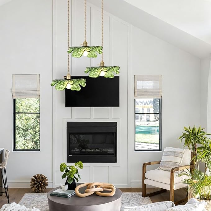 Vintage Cluster Pendant Light 3-Light Green Flush Mount Chandelier | Green Flower Glass Hanging Ceiling Light, Brass Gold E26, Adjustable 59" , Mid Century Modern, Dining Room Kitchen Farmhouse