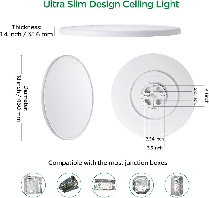 TALOYA 2 Pack 18" Dimmable Flush Mount Ceiling Light Fixture,5CCT,White | Ultra-Slim,Round Edge-Lit LED Ceiling Lamp with 3000K-6500K Color Temperatures,Ideal for Living Rooms,Bedrooms,Kitchens