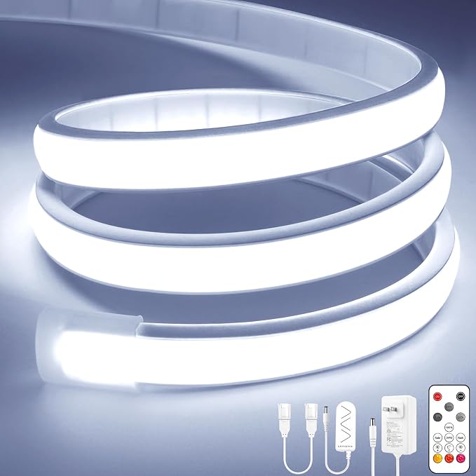 Lamomo COB LED Strip Lights, 16.4Ft White Dimmable Self-Adhesive Led Rope Light with Remote, Flexible Cuttable Waterproof 6000K Silicone Neon Tape Light for Bedroom,Indoor, Cabinet, 10mm Width
