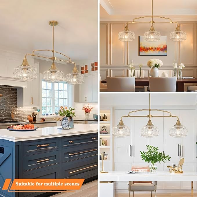 Farmhouse 3-Light Adjustable Kitchen Island Lighting with Clear Glass Shades, Brass Gold Finish Pendant Lights for Dining Room Table, Industrial Island Lights Chandelier for Modern Home Decor