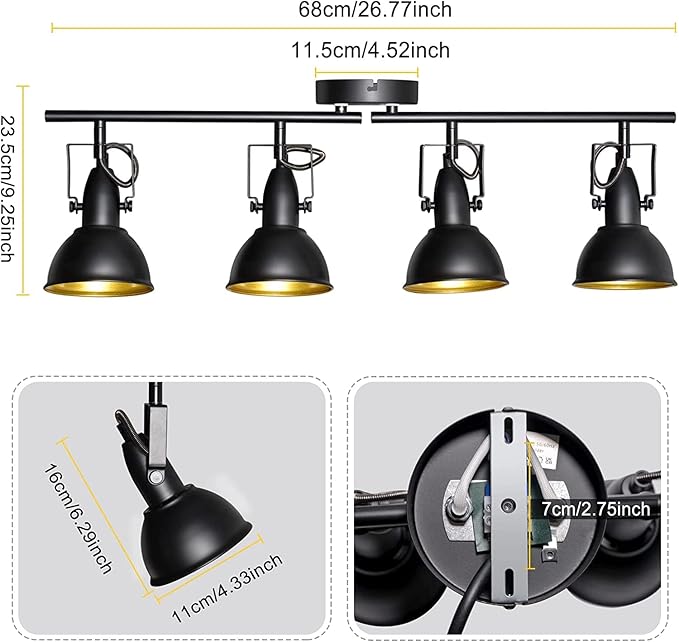 HiBay Track Lighting Fixtures Ceiling, Adjustable 4-Light Track Light Kit, Industrial Spotlight Black for Kitchen Dining Room Bedroom Hallway, E12 Base (Bulbs Not Included)