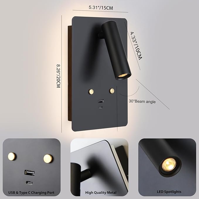 ZEROUNO Dimmable Wall Mounted Reading Light Set of 2,Adjustable Headboard Plug in Wall Sconce with USB A+C Ports,Touch Control Wall Light for Bedroom Bedside Lamps