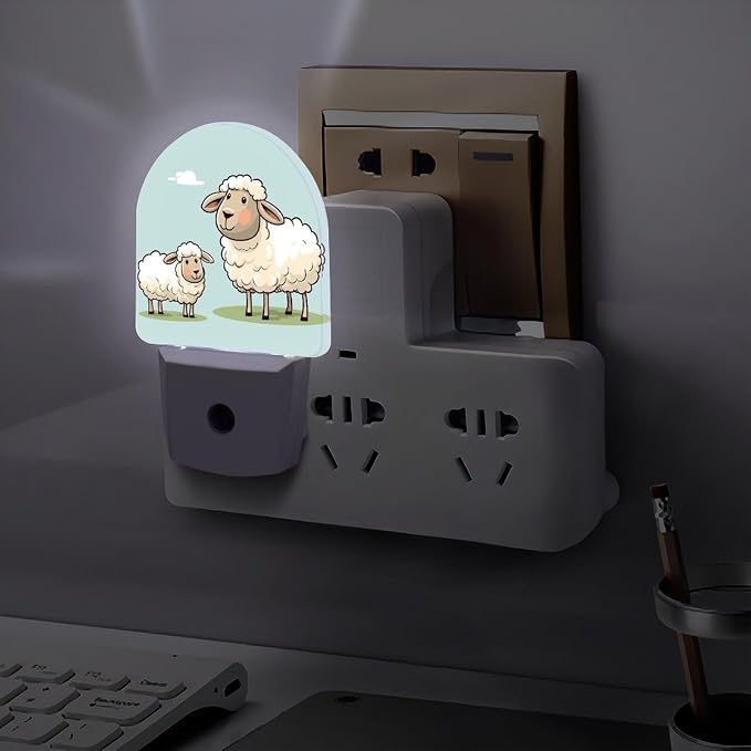 Sheep And Lamb Cartoon LED Plug in Night Light 0.5w Night Lights Plug Into Wall with Auto Dusk to Dawn Sensor Portable Bathroom Nightlights Small Dimmable Lamp Energy Efficient Bedside Light (Fan)
