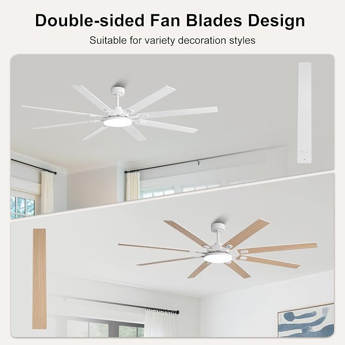 80 Inch Ceiling Fans with Lights and Remote, Bedroom Living Room Office Library Cafe Outdoor Industrial, 5CCT Dimmable, Dual Color 8 Blades, 6 Speed Reversible Quiet DC Motor, White/Wood Grain