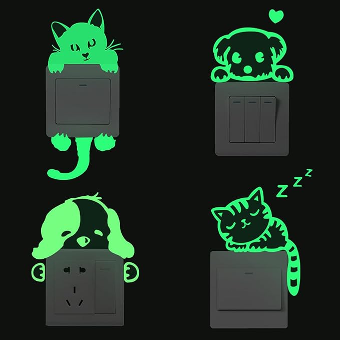 4 Pcs Cute Cartoon Switch Labels cat & Dog Puppy,Glow in The Dark Light Switch Cover Set,Light Switch Labels Stickers for House, Luminous pet Wall Decals for Bedroom,Art Mural Paste