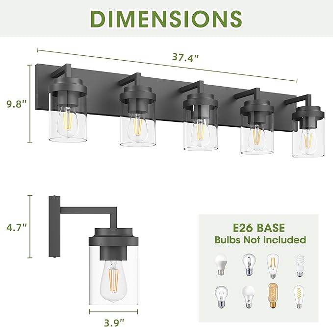 Modern 5-Light Black Bathroom Vanity Light with Clear Glass Shade, 37.4 x 4.7 x 6 inches
