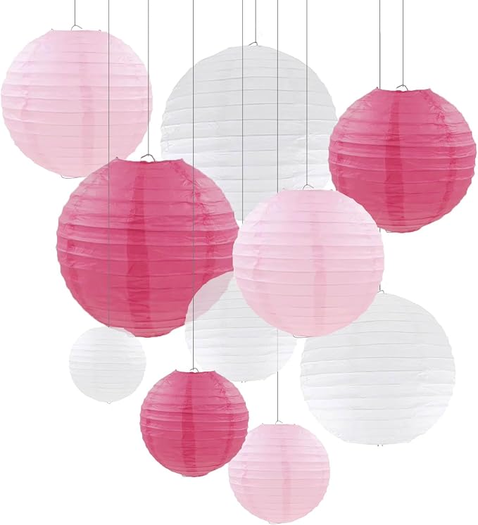 ZOOYOO 10pcs Paper Lanterns,Pink Round Hanging Paper Lanterns Decorations for Wedding,Bridal Shower,Valentine's Day,Gender Reveal,Anniversary,Birthday Party,Graden Decor