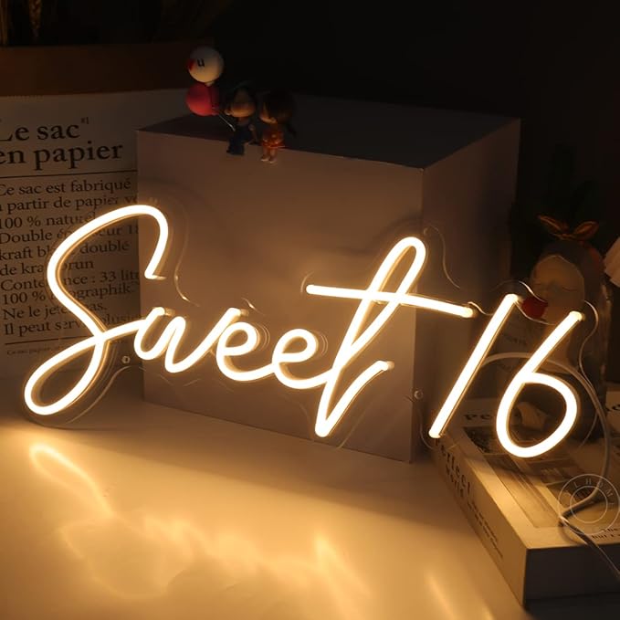 SYLHOME Sweet 16 LED Neon Light Sign 17"X7.3" 5V Sweet Girls Adults Bedroom Happy 16th Birthday Party Wall Decor Beautiful Bestie Sister Gift USB Warm White