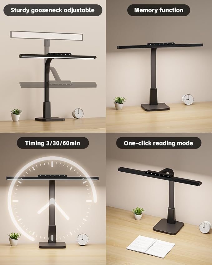 Desk Lamp with Stable Base, 1600LM Computer Desk Light with Timer Function | Eye-Caring Desk Light for Home Office, 3 Color Modes Stepless Dimming Task Light with Memory Function