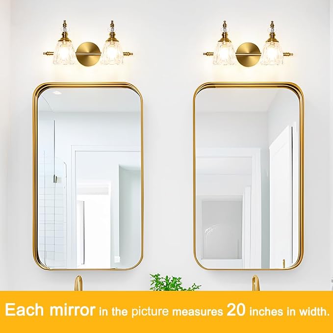 Brass Vanity Light, Vintage Brushed Gold Bathroom Light Fixtures, 2 Light Bathroom Vanity Lights, Flower Glass Shade Wall Sconce Lighting