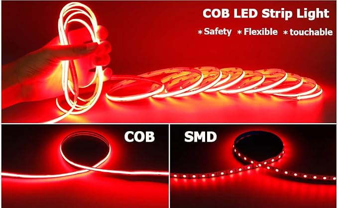 TOPAI 12V COB LED Strip Lights Red 16.4ft Dotless Outdoor IP65 Waterproof | High Density 480LEDs/M, Uniform Lighting, Cuttable, Flexible, Self Adhesive Easy Install for Living Room, Balcony