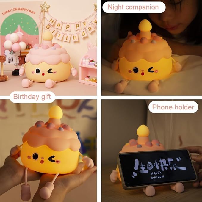 Fun Night Light - Cute Birthday Cake Night Lamp USB Rechargeable, Auto-off Nursery Bedside Sleep Lamp 2 Brightness Levels, Women Girls Boys Teens Friends Christmas Anniversary Birthday Gifts