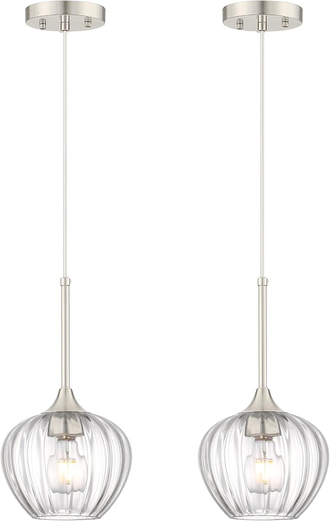 2-Pack Glass Pendant Lights Kitchen Island, 7.7" Modern Brushed Nickel Pendant Lighting Small Hanging Light Fixtures for Kitchen, Dining Room, Bathroom, Bedroom