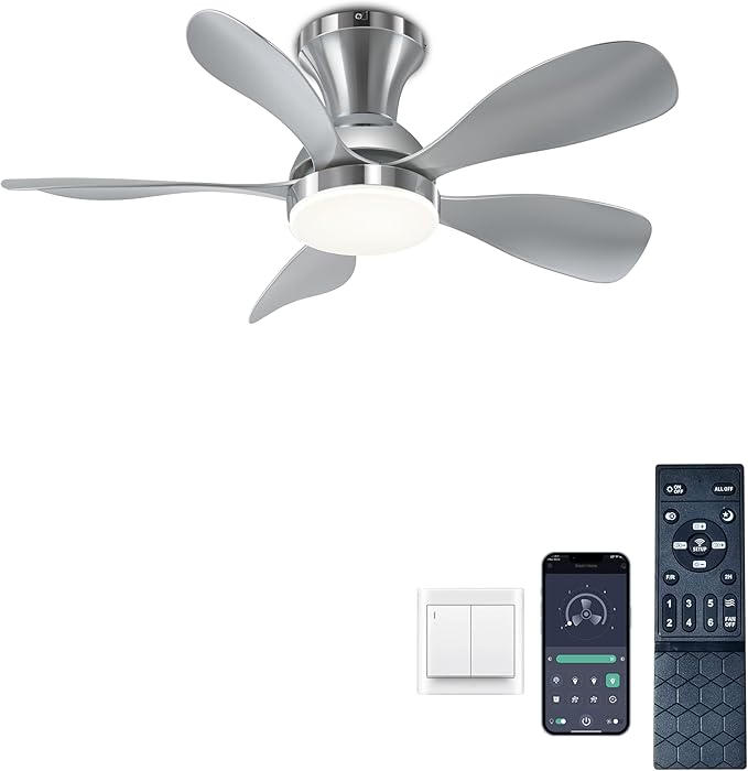 Ceiling Fans with Lights, 33 Inch Low Profile Ceiling Fan with Light and Remote Control, Flush Mount, 3CCT, Dimmable, Noiseless, Reversible, Silver Small Ceiling Fan for Bedroom Indoor/Outdoor Use