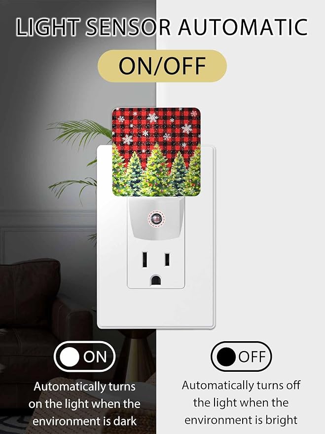 Christmas Night Lights Plug into Wall LED Night Light Christmas Tree with Bow Snowflake Red Plaid Automatic Dimmable Dusk-to-Dawn Square Shaped Smart Nightlight for Bathroom/Bedroom