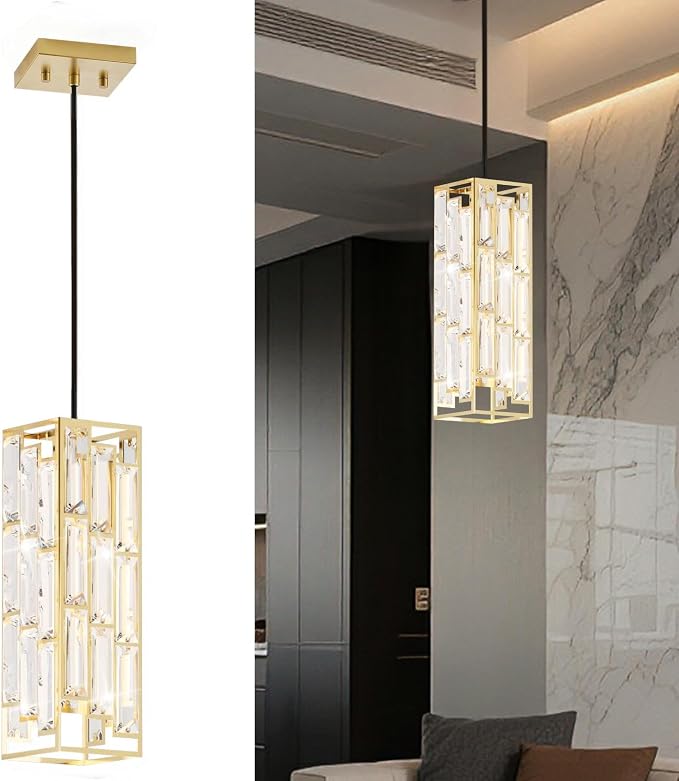 Gold Pendant Lights, Modern Pendant Light Kitchen Island, 1 Pack Mini Crystal Chandeliers for Dining Room Bedroom Foyer Hallway