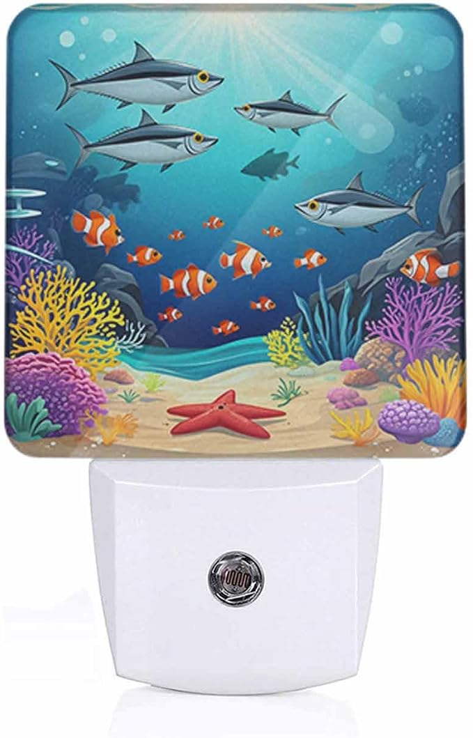Marine Life LED Night Lights Plug into Wall Fish Algae and Corals in The Blue Water 0.5W Plug in Night Light, Dusk to Dawn, Bright Nightlight Auto On/Off, for Room Bedroom Bathroom