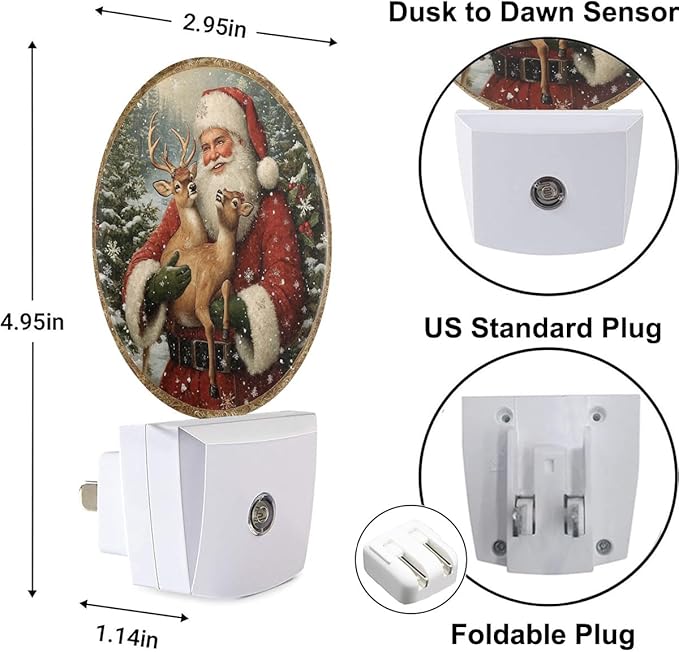Plug-in Festive Christmas Scene Night Light Santa Claus with Deer Nightlight with Dusk to Dawn Sensor, Auto On/Off 0.5W Energy-Saving LED Lighting for Men Women Boys Girls Gift