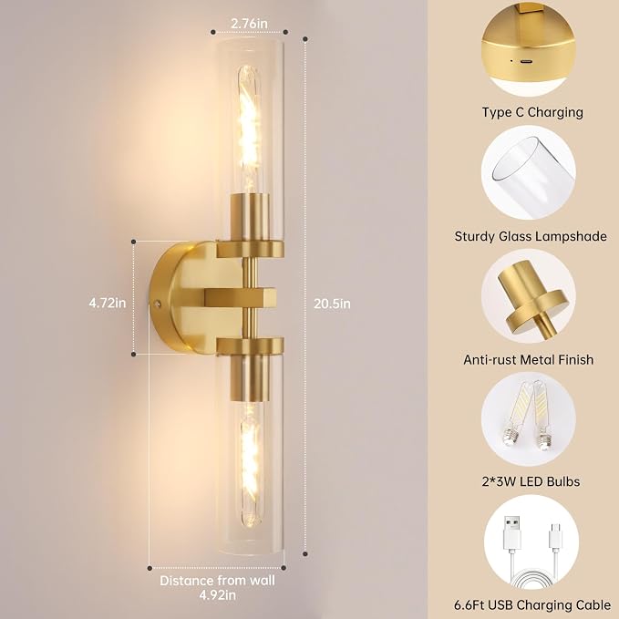 Shenmoyl Battery Operated Wall Sconces Set of Two,21" Gold Rechargeable Wall Lighting Fixtures, Dimmable Wall Lights with Remote & Clear Glass Shade for Living Room,Bathroom,Bedroom