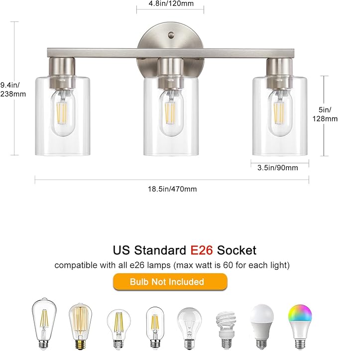 Bathroom Light Fixtures 3-Light Bathroom Vanity Light Brushed Nickel | Stainless steel body, Clear glass shade, E26 scoket, Anti-rust, Easy to install, Vanity lighting fixtures, Over mirror, 18 in