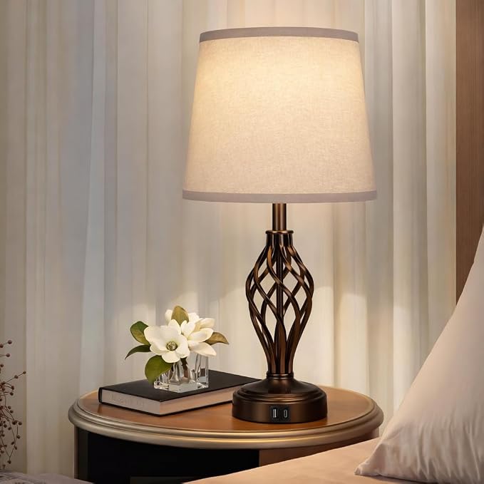 Ruiever Touch Table Lamps Set of 2, nightstand lamp with USB Ports Bedside 3 Way Touch dimmer Desk lamp for Living Room Bedroom,Brown Painted Spiral cage Base Design Warm White dimmer Bulbs Included.