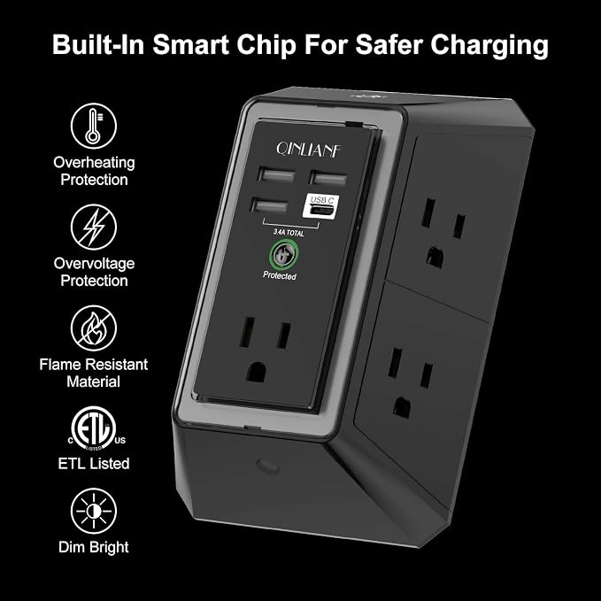 3-Sided Surge Protector Power Strip - QINLIANF Multi Plug Outlet with 5 Outlet Extender and 4 USB Ports(1 USB-C) and Night Light, USB Wall Charger for Home, Office, Travel, ETL Listed, Black