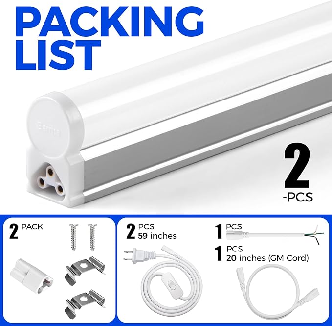 Barrina T5 LED Shop Lights, 4FT, 2200lm, 6500K (Super Bright White), 20W, Utility Garage Lighting, Ceiling and Under Cabinet Light, Corded Electric with ON/Off Switch, 2 Packs