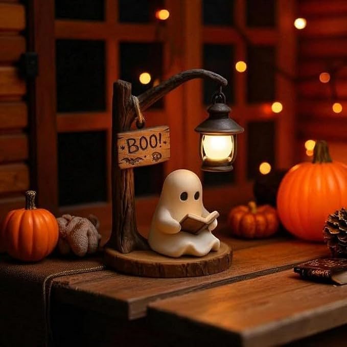 Halloween Ghost Figurine Statue Cute Ghost Reading Book Lamp Designs 3D Unique Night Light Gifts Tabletop Ornament Decoration Cartoon Resin Sculpture for Holiday Decor Supplies